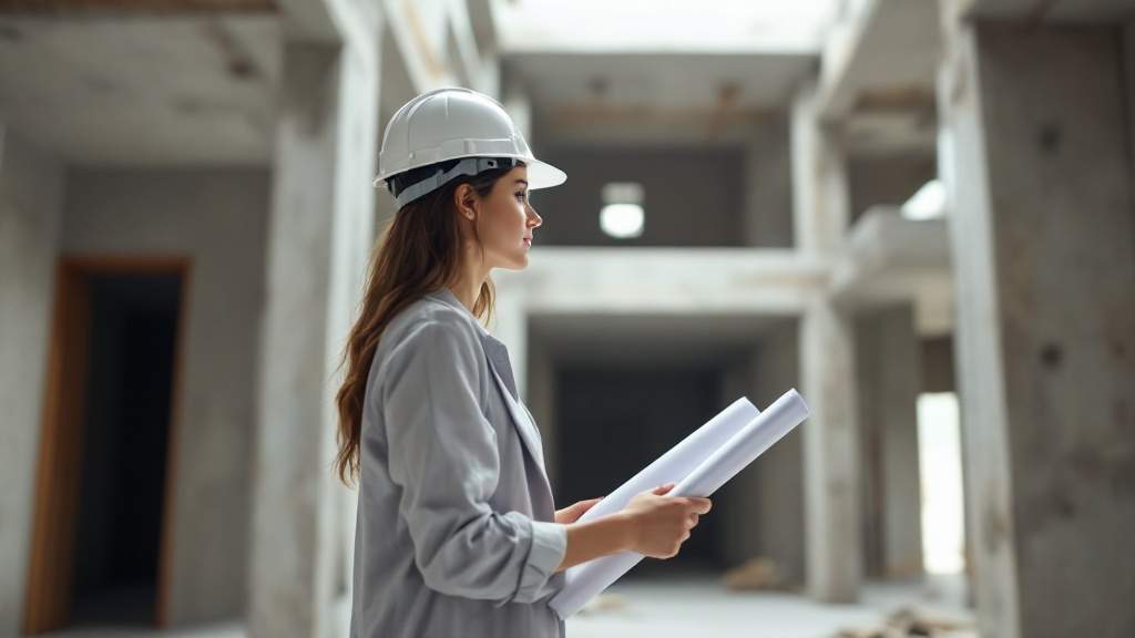 Architektin mit Plänen bei der Objektüberwachung im Rohbau