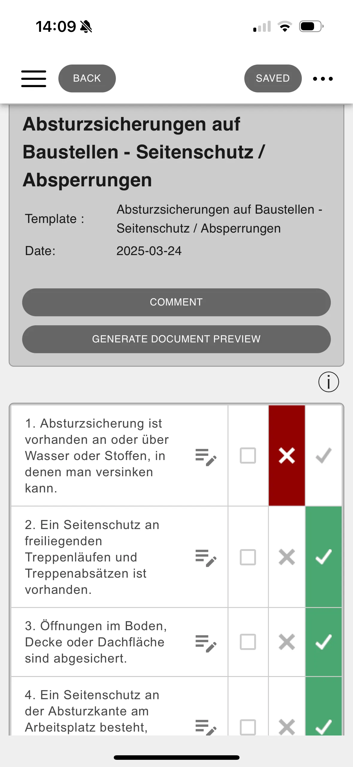 App view of Bau-Checklisten: digital checklist for walkthroughs and acceptance