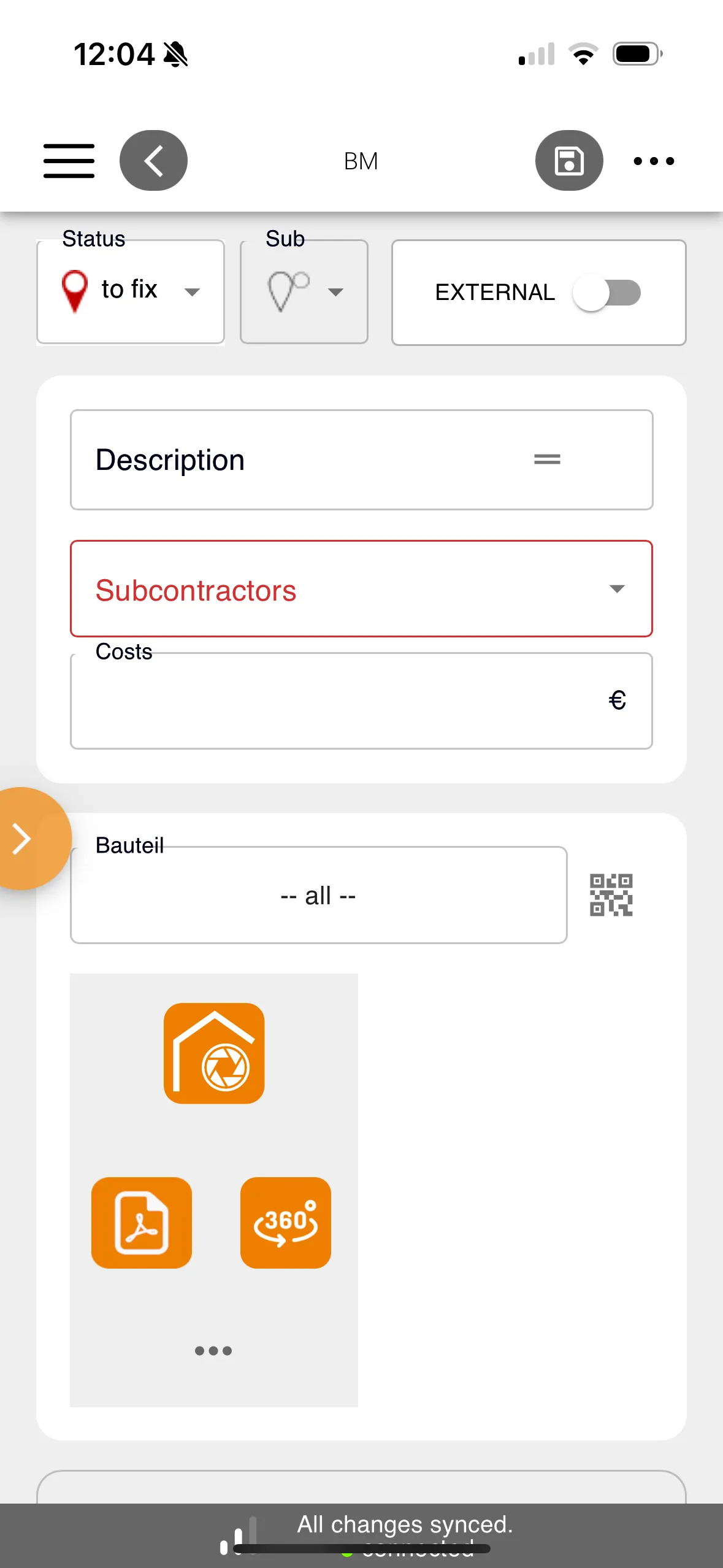 App view of Bau-Mängel: recording a defect with status, trade and responsible party