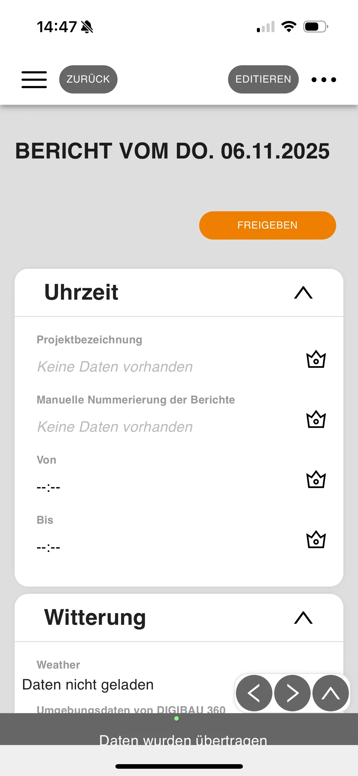 App view of Bau-Tagebuch: daily report with weather, personnel and work performed