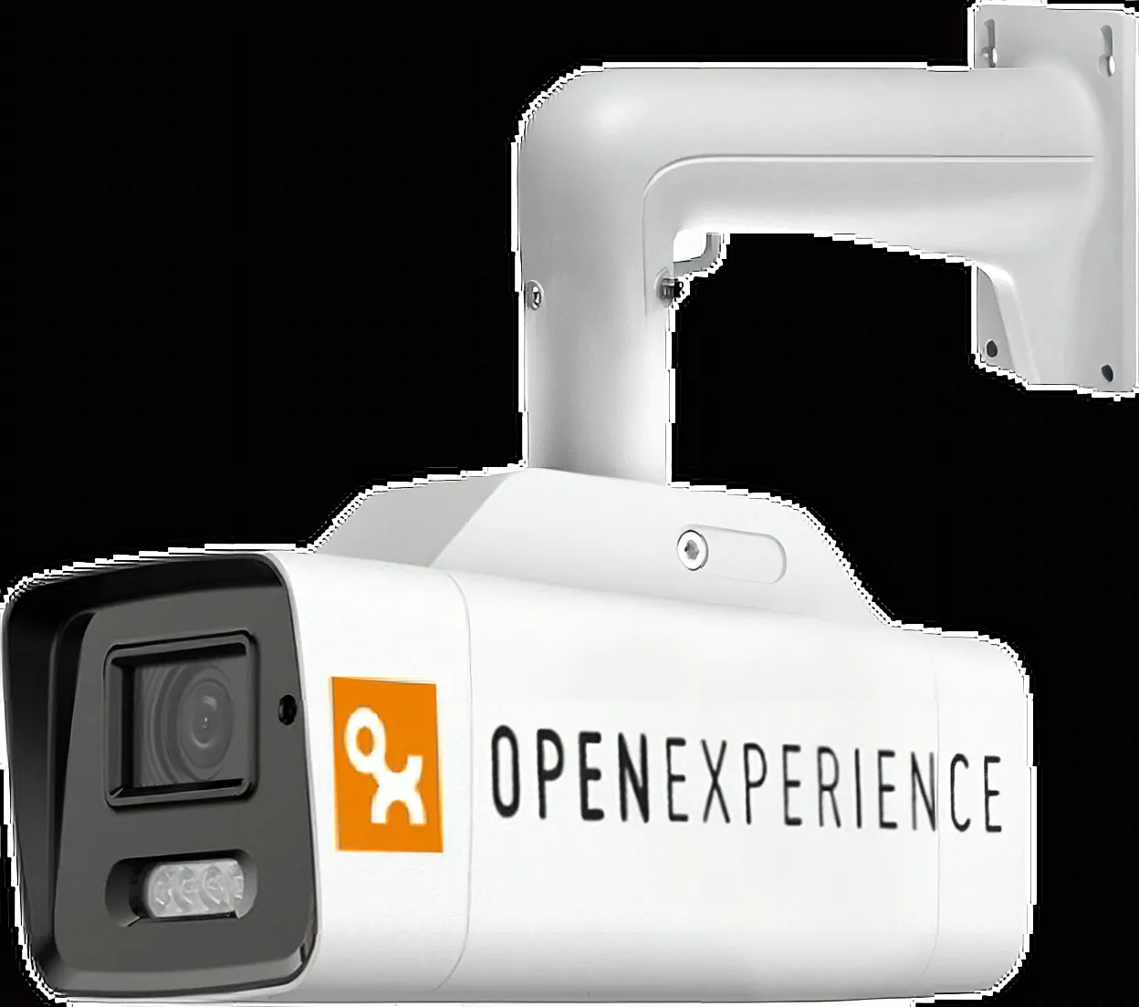 Bau-Webcam with wall mount and Open Experience logo, product view
