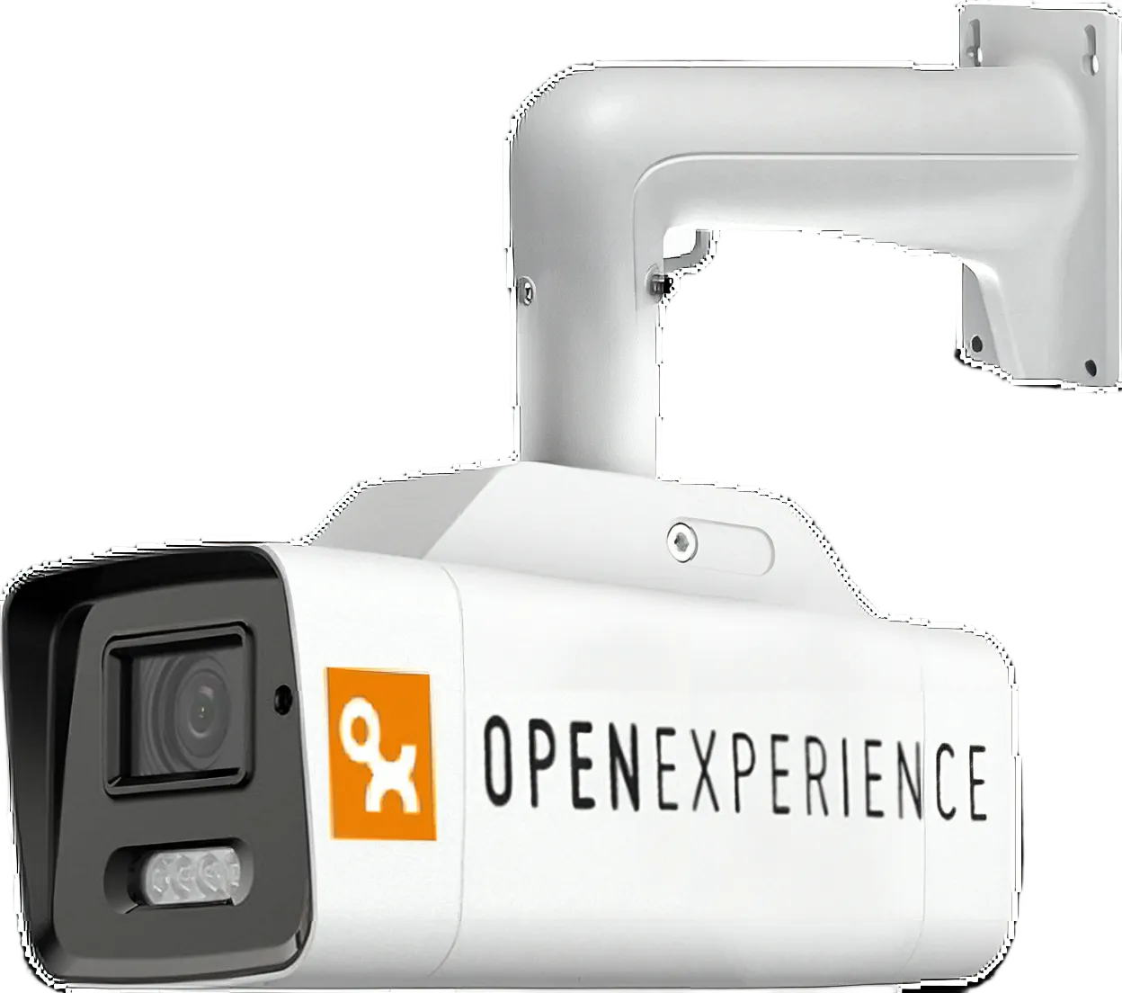Bau-Webcam mit Wandhalterung und Open-Experience-Logo, Produktansicht