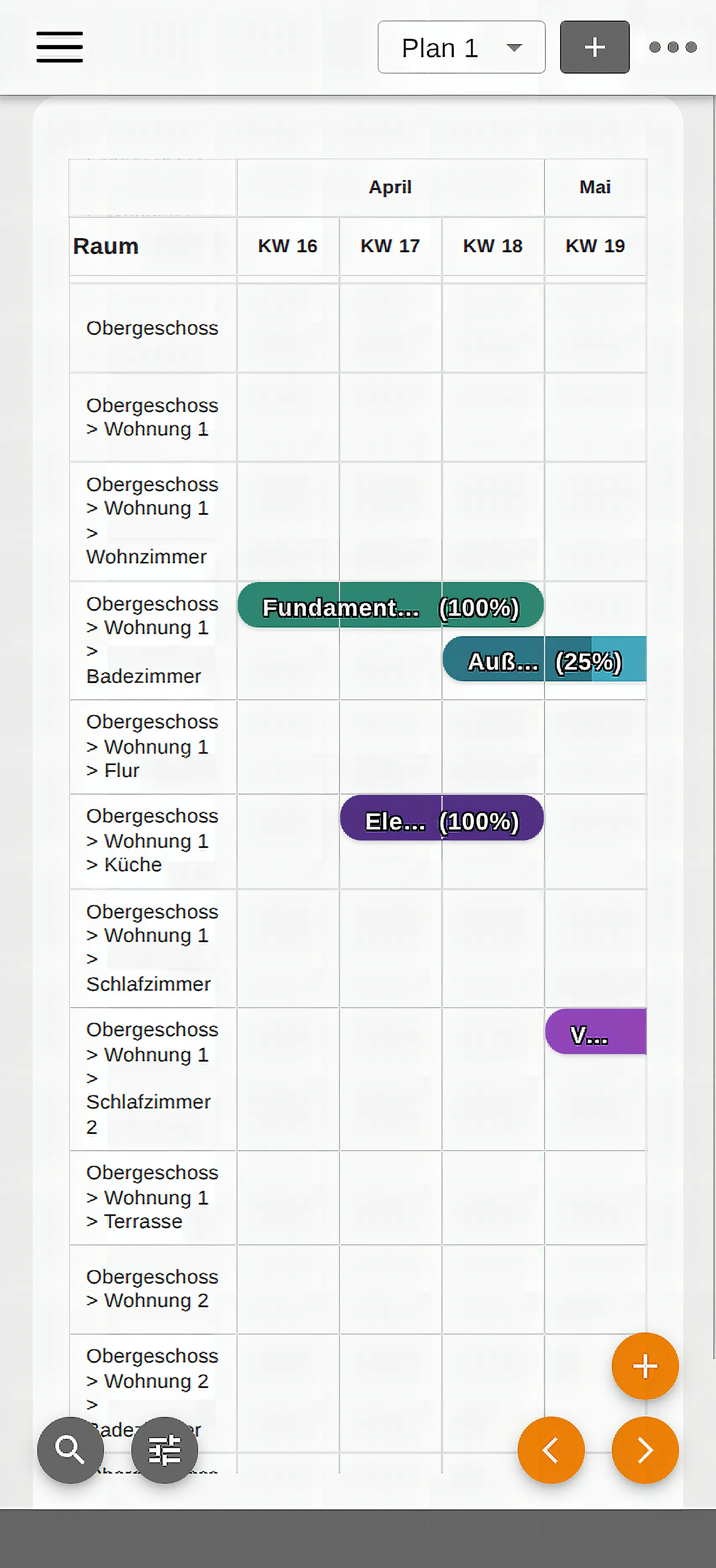 App view of Bau-Zeit: construction schedule with tasks and progress per room