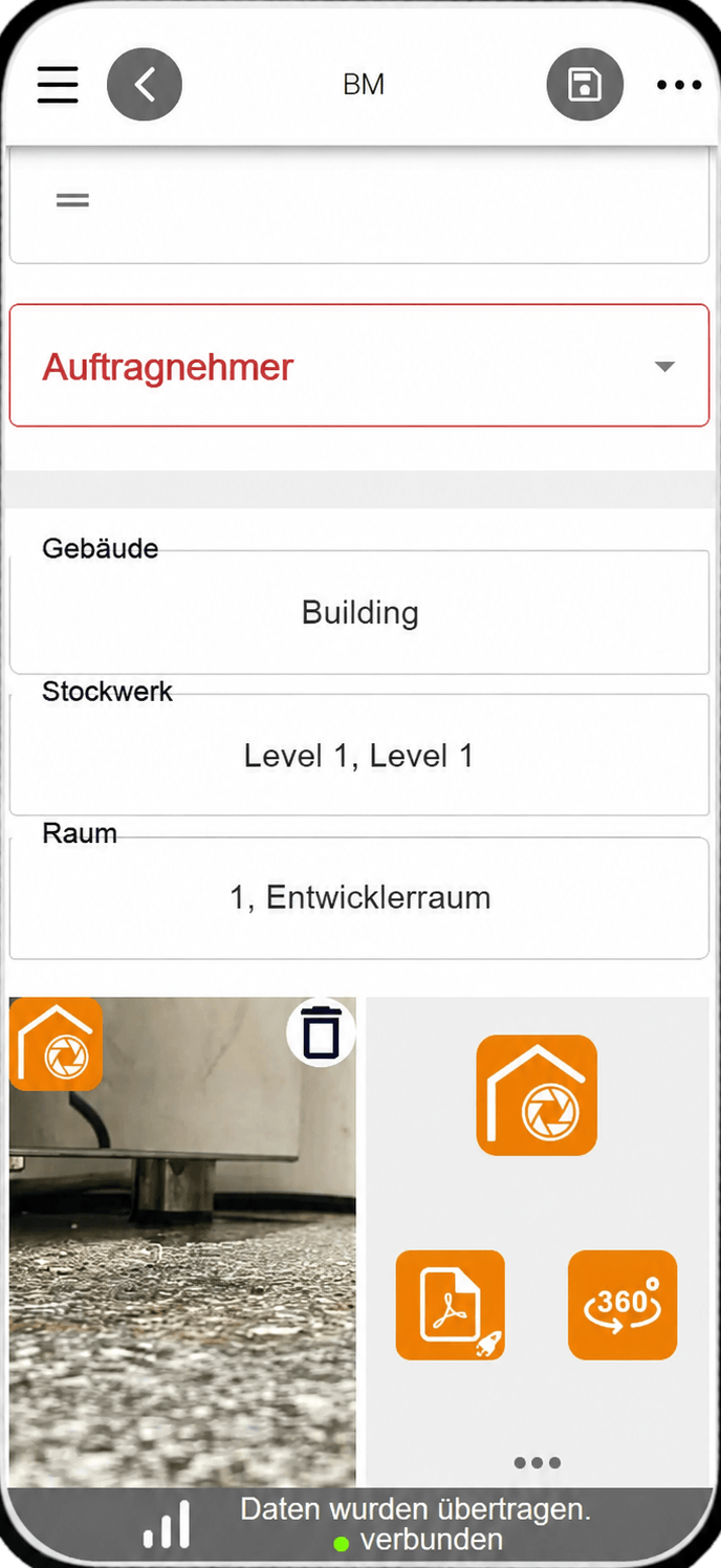 Fotos im Projektkontext der Bau-Fotos-App: Gebäude, Stockwerk und Raum zugeordnet, Galerie mit PDF- und 360°-Funktion