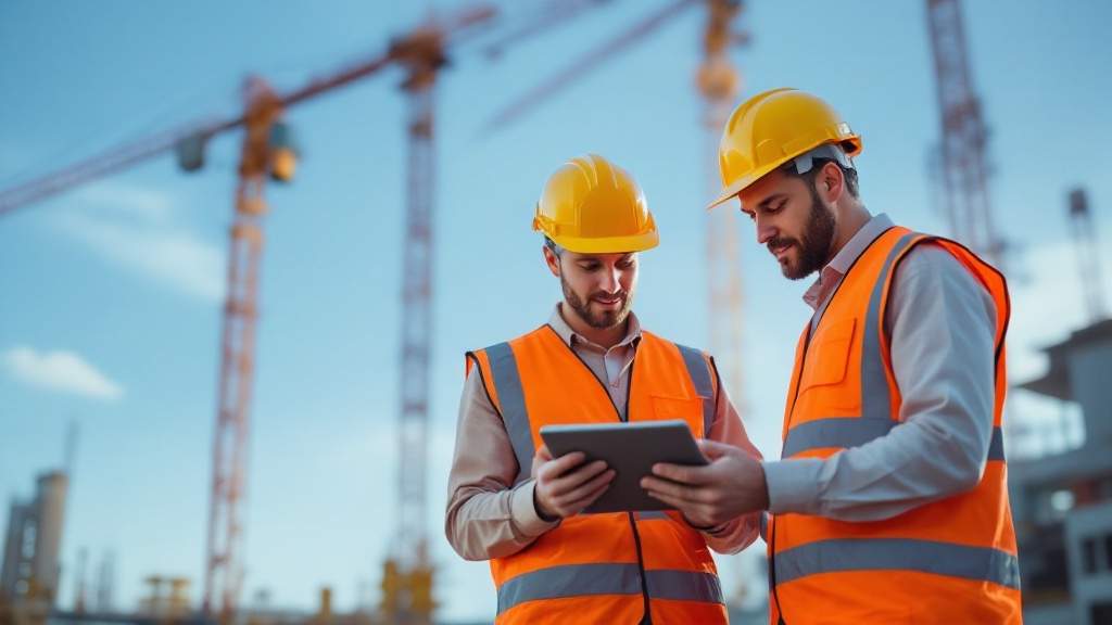 Bauleiter eines Generalunternehmers besprechen Termine am Tablet auf der Baustelle