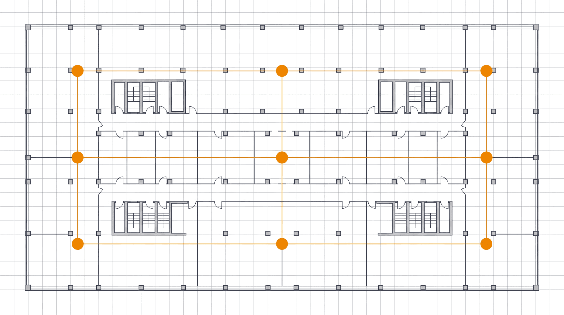 Grundriss eines Bürogeschosses als technische Zeichnung, darüber ein orangefarbenes Netz aus verbundenen Punkten