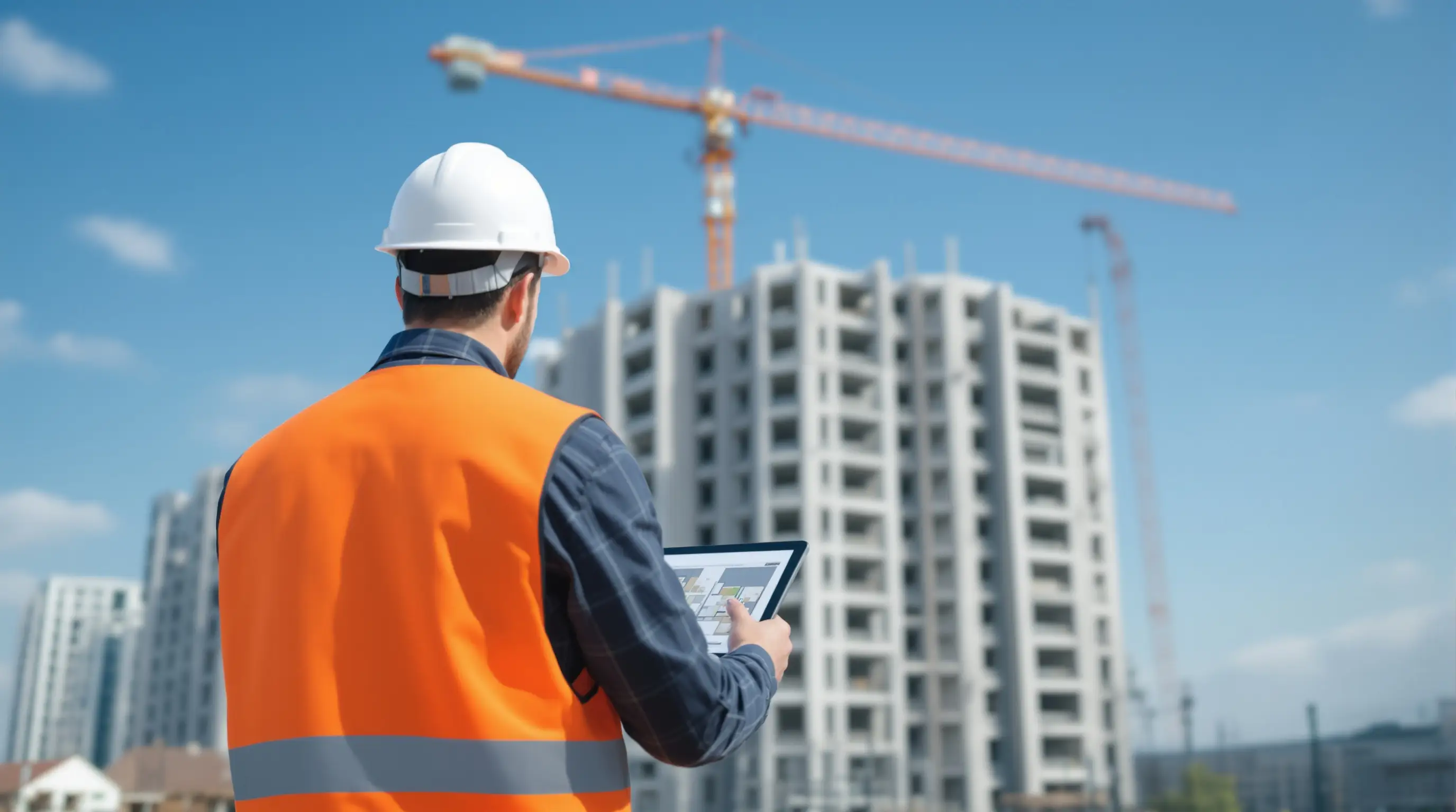 Site manager with tablet and construction plan on a shell-construction site with a crane [KI-BILD: durch echtes Baustellenfoto ersetzen, sobald Foto-Audit abgeschlossen]