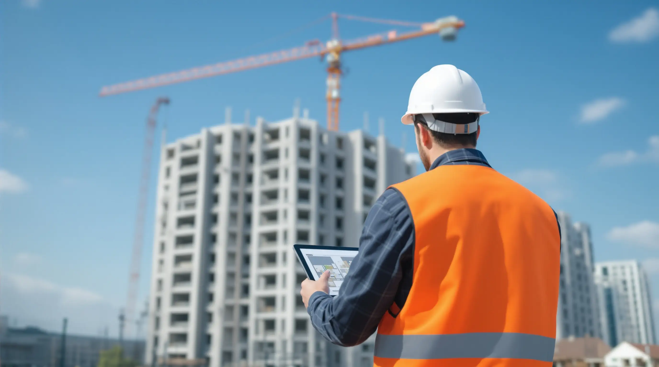 Bauleiter mit Tablet und Bauplan auf einer Rohbau-Baustelle mit Kran