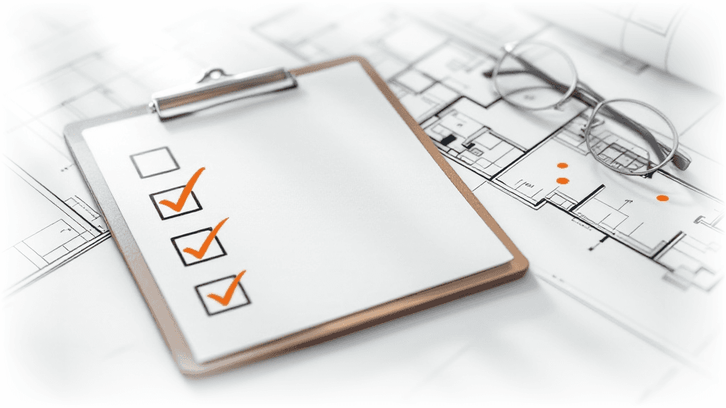 Abstrakte Illustration: Klemmbrett-Checkliste mit orangen Häkchen auf einem Bauplan, Linien führen zu geprüften Räumen