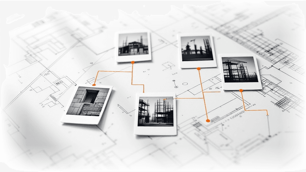 Abstrakte Illustration: Baustellenfotos liegen auf einem hellen Bauplan und sind mit orangen Linien an ihrem Aufnahmeort verankert