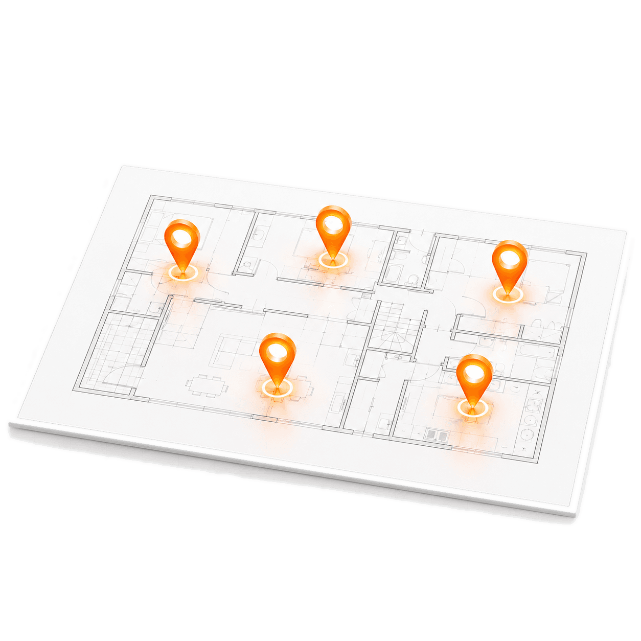 Abstrakte Illustration: isometrischer Gebäudegrundriss mit fünf orangen Pins, die Baumängel exakt im Plan verorten