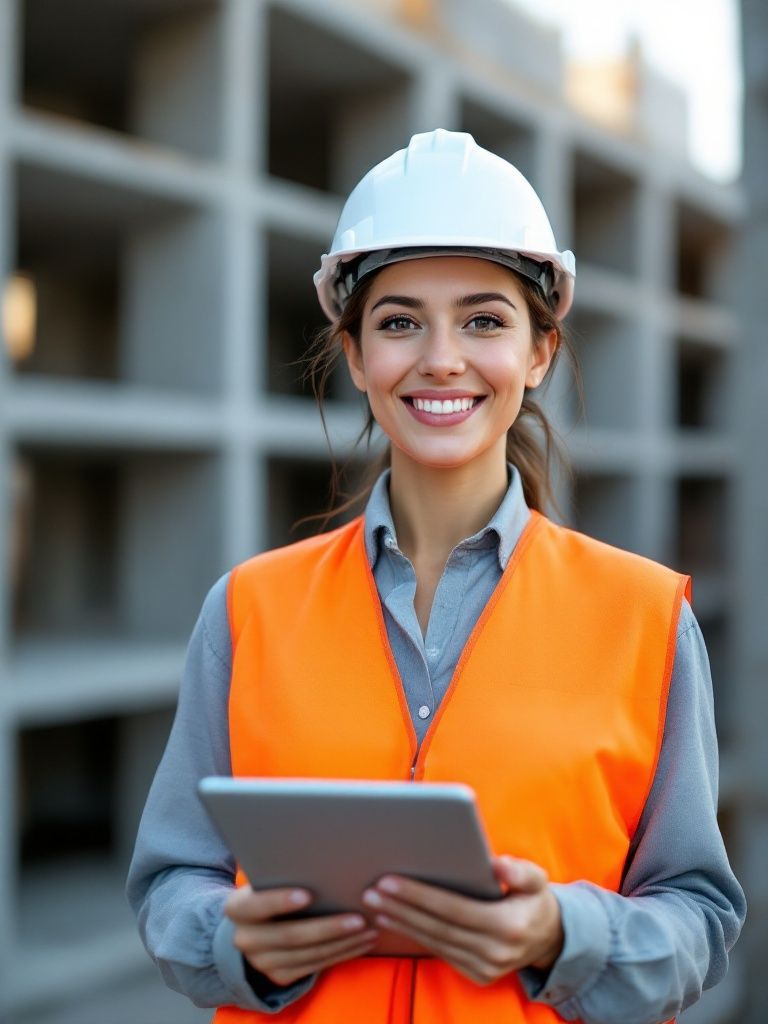 Female site manager with tablet and hard hat on the construction site [KI-BILD: durch echtes Foto ersetzen, sobald Foto-Audit abgeschlossen]
