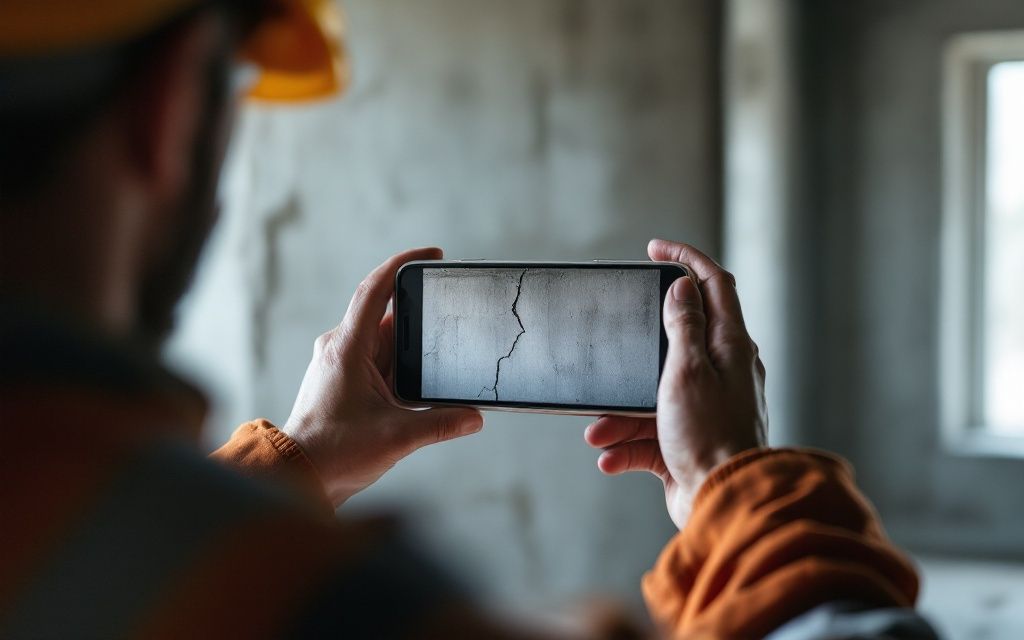 Bauleiter fotografiert einen Riss in der Betonwand mit dem Smartphone
