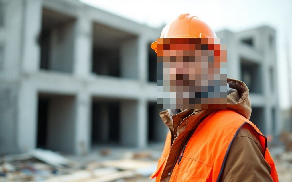 Bauarbeiter auf der Baustelle, Gesicht automatisch verpixelt