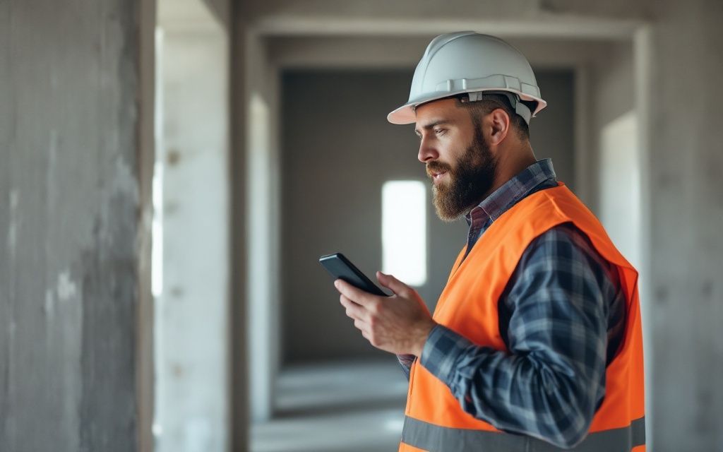 Bauleiter spricht seinen Tagesbericht auf der Baustelle ins Smartphone ein