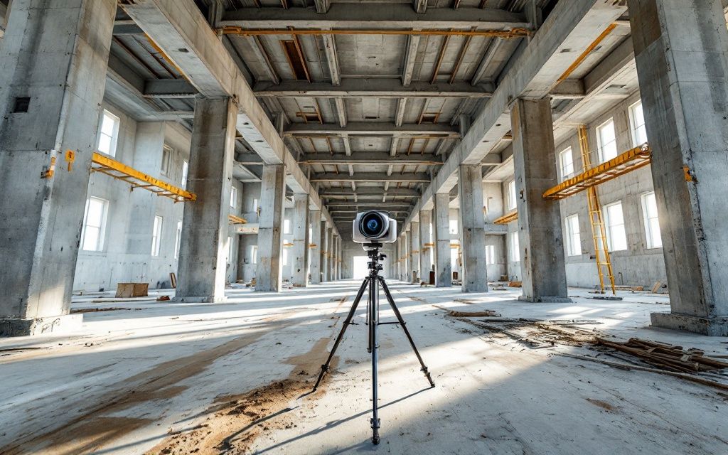 360-Grad-Kamera auf Stativ im Rohbau eines Großprojekts