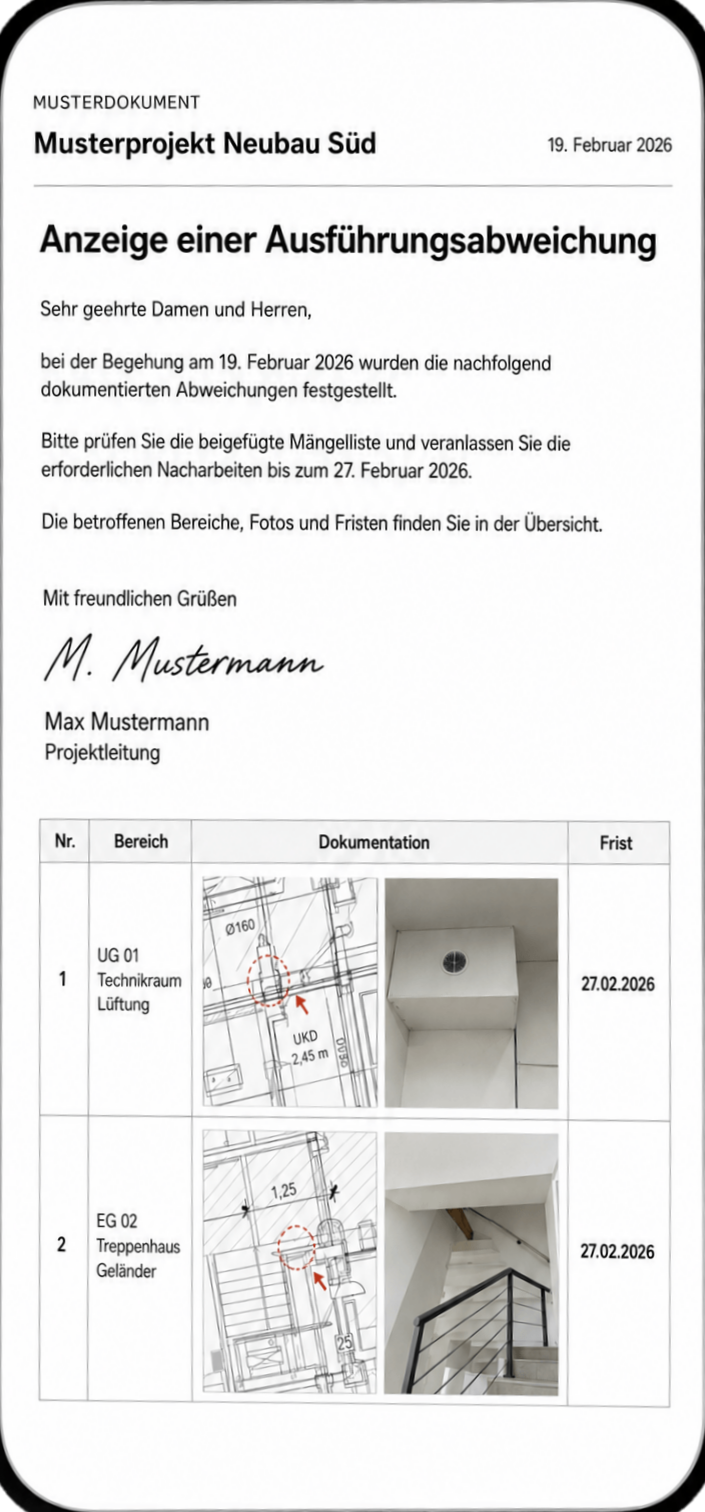 Smartphone mit einer automatisch erzeugten Mängelanzeige als PDF: Anschreiben mit Unterschrift und bebilderte Mängelliste mit Planausschnitten, Fotos und Fristen