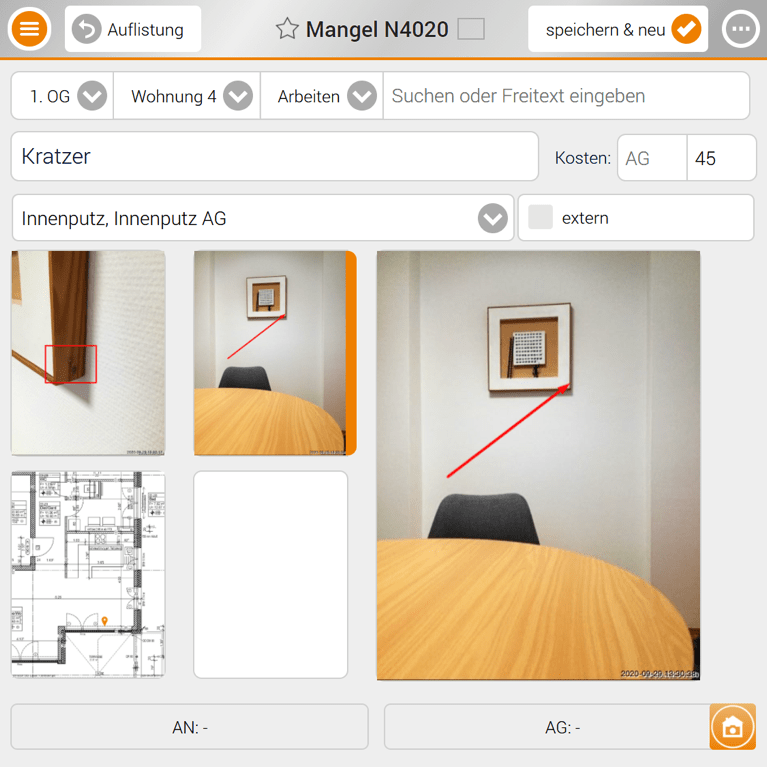 Mangel-Erfassung in der Bau-Mängel-App: Mangel mit Foto und Planverortung direkt auf der Baustelle am Smartphone erfasst