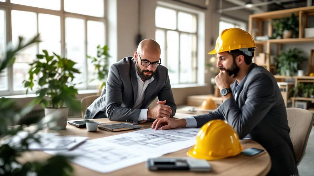 Projektsteuerer und Bauherr prüfen den Projektfortschritt am Besprechungstisch