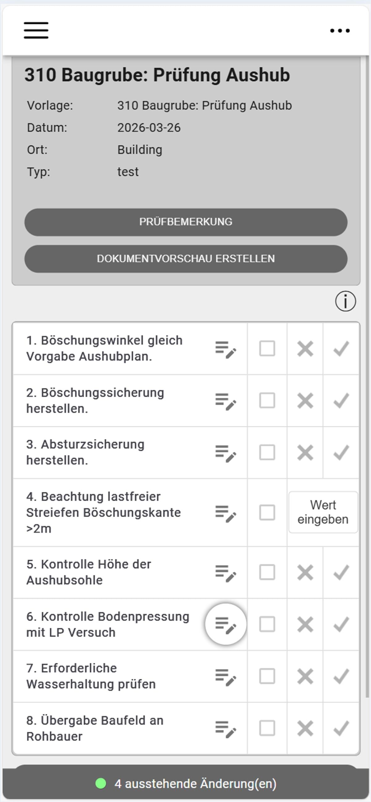 Checkliste „Baugrube: Prüfung Aushub" in der Bau-Checklisten-App: Prüfpunkte mit Bestanden-/Nicht-bestanden-Bewertung am Smartphone