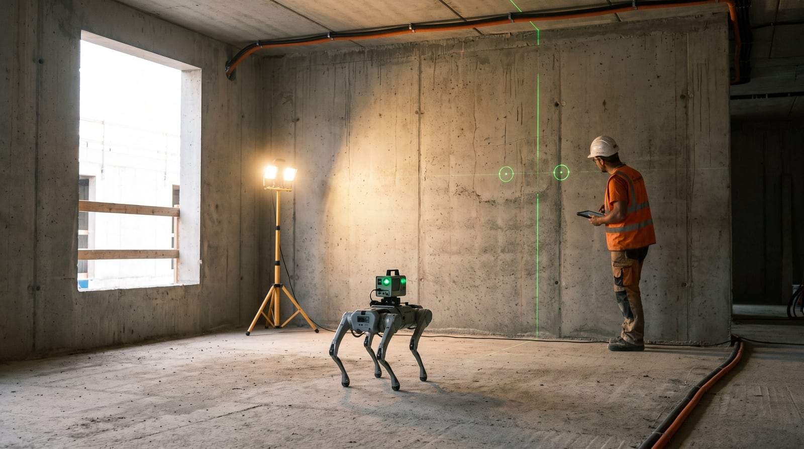 Vierbeiniger Roboter mit Laserprojektor auf dem Rücken markiert im Rohbau grüne Linien und Kreise an einer Betonwand, daneben ein Elektriker mit Tablet