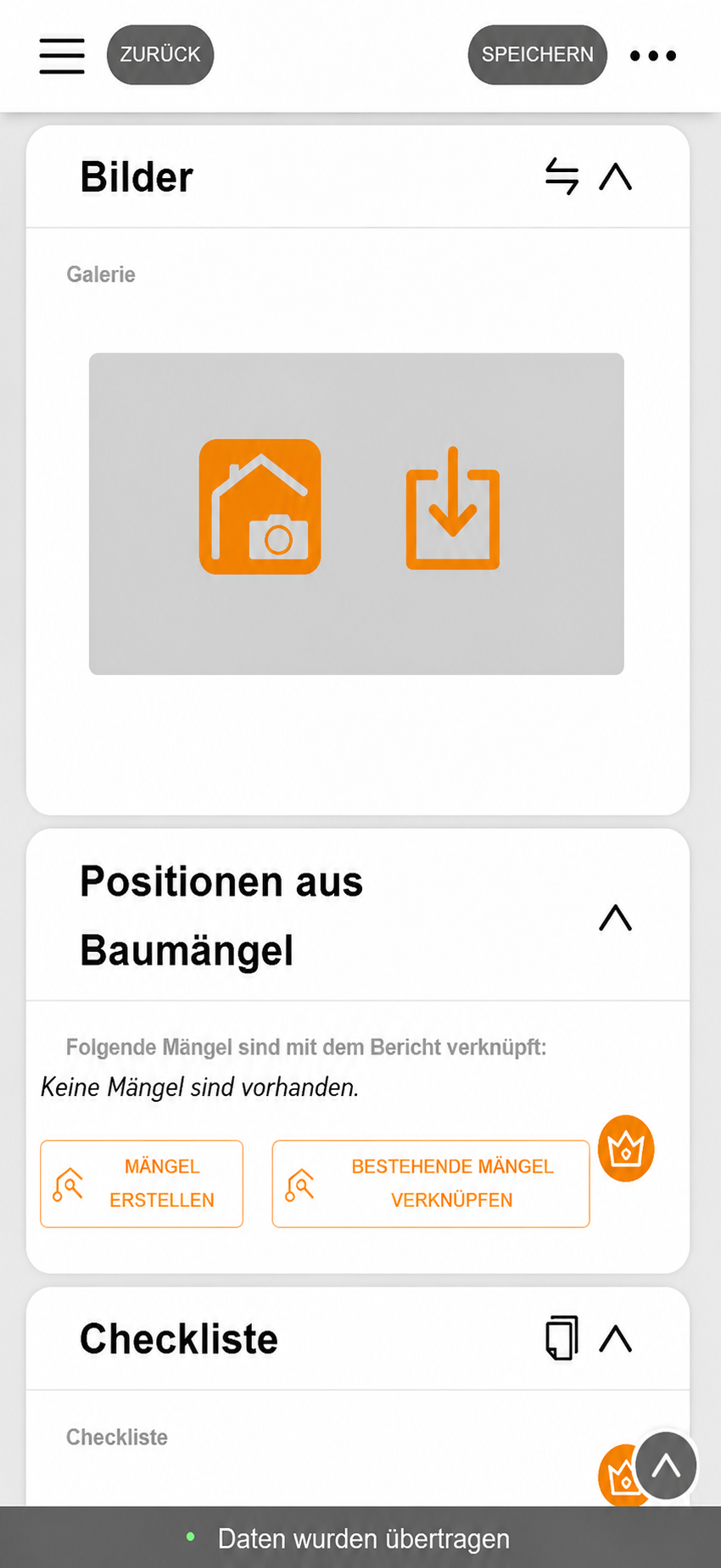 Tagesbericht-Formular in der App: Abschnitte für Bilder, Positionen aus Bau-Mängel und Checkliste, direkt auf der Baustelle ausgefüllt