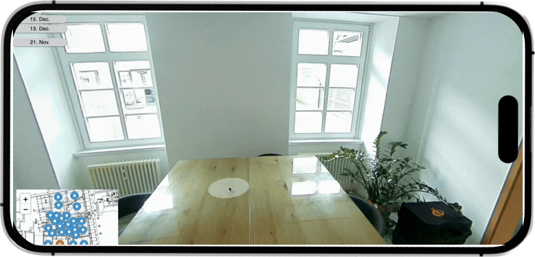 360-Grad-Viewer bei der virtuellen Begehung: Panorama-Ansicht eines Raums mit Aufnahmedaten und Positions-Grundriss