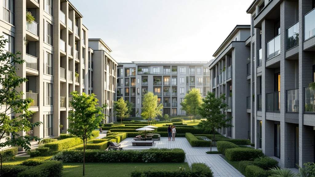 Fertiggestelltes Wohnquartier mit Mehrfamilienhäusern und grünem Innenhof